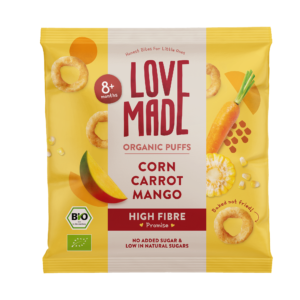 LoveMade barnasnakk, Maís, Gulrætur, Mango hringir 8+ mán (8)